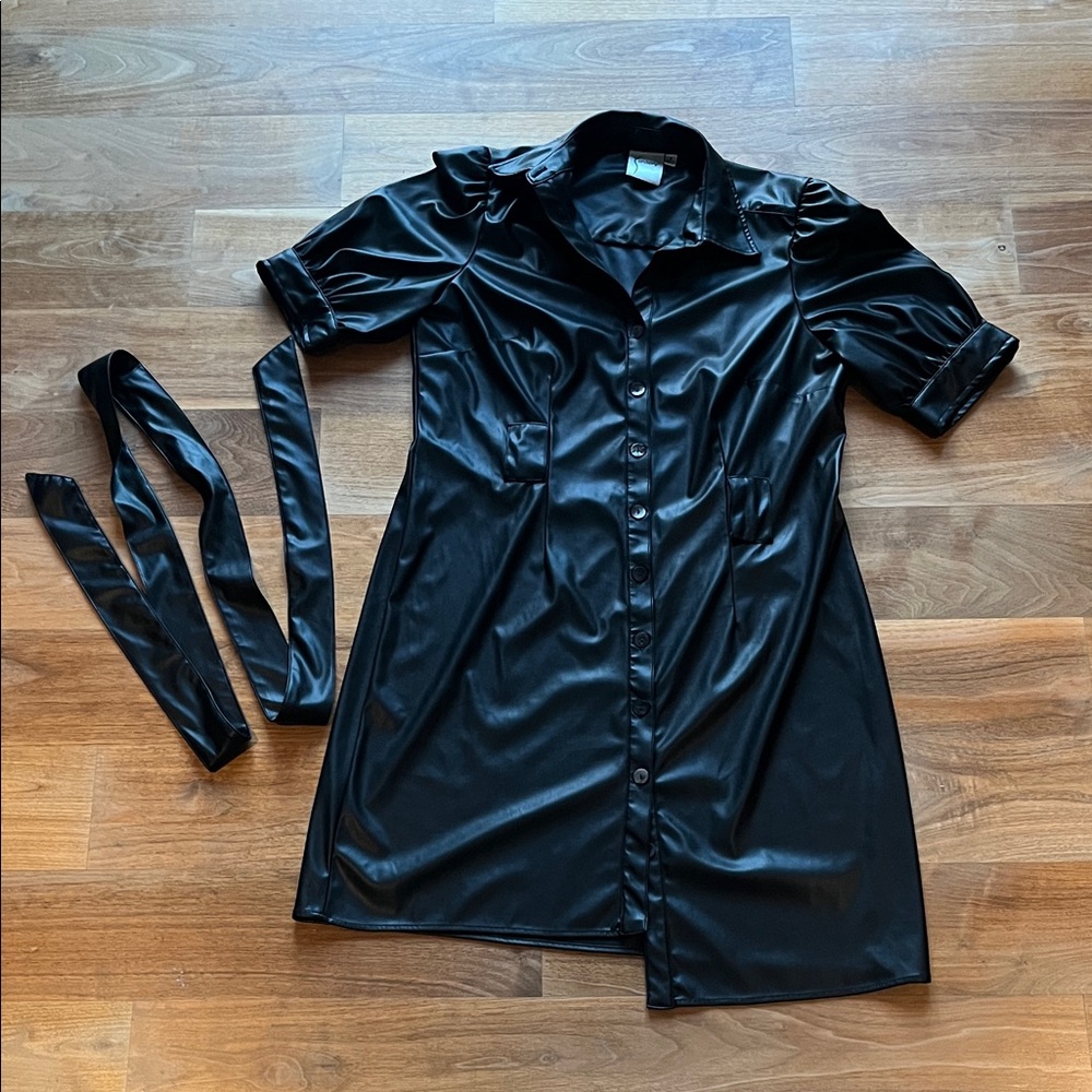 Black Vegan Leather Button Down Shirt Dress with Tieable Belt
